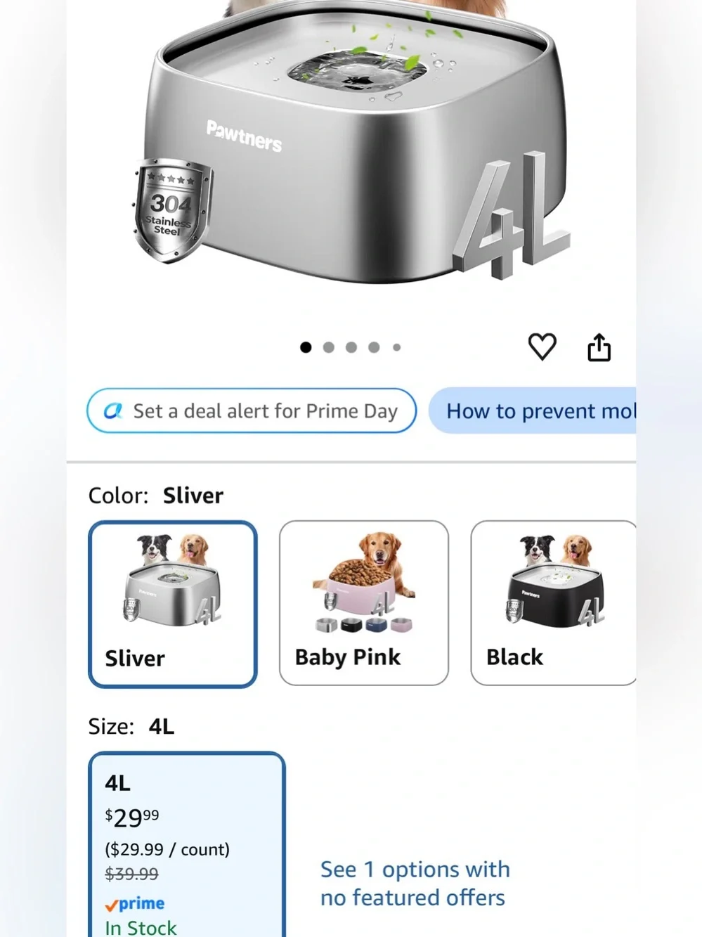 PAWTNERS All Stainless Steel Pet Water Bowl No Spill, 135oz